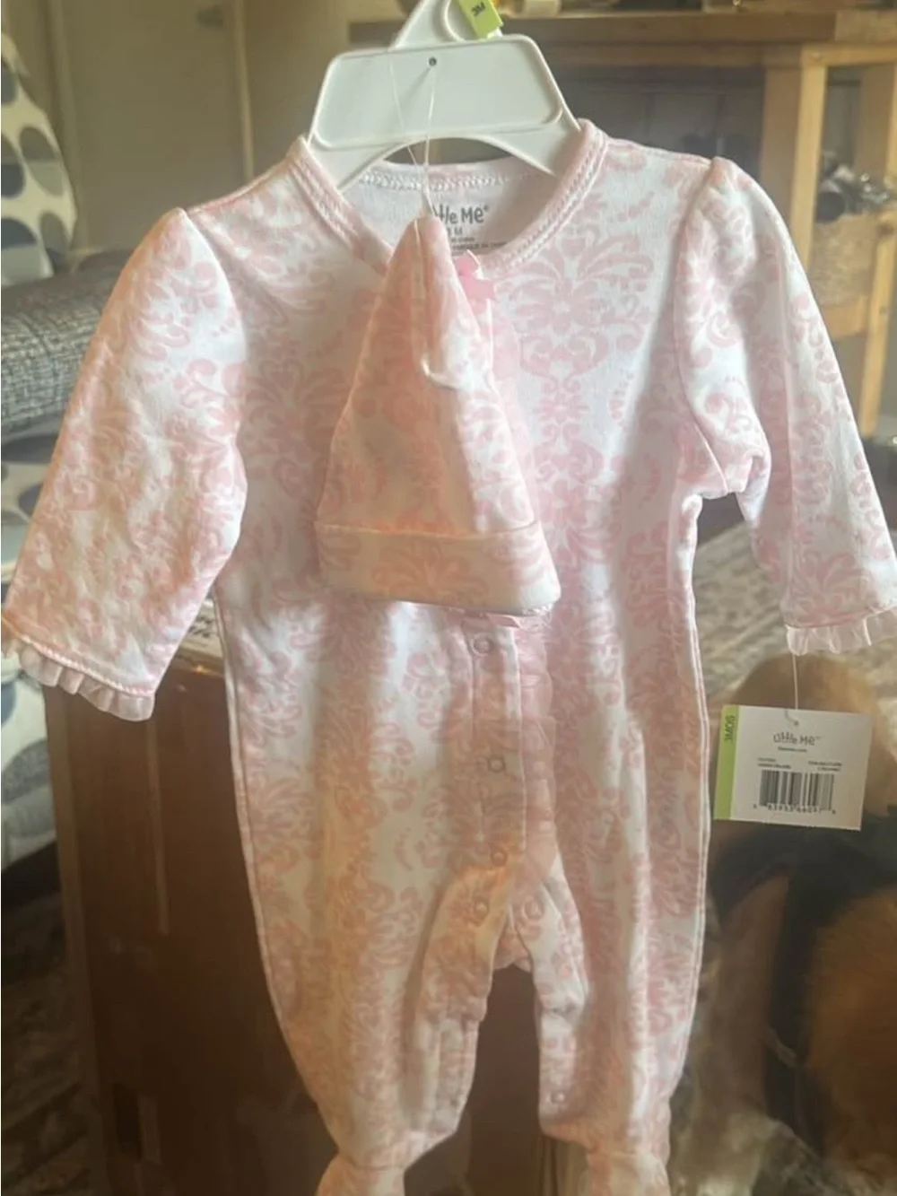 Little Me Pink Damask Footed One-Piece with Matching Hat NWT